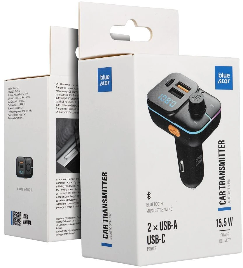 BlueStar Automobilio siųstuvas Blue Star Wave L3 RGB Classy apšvietimas typ C x1 USB x2 20W juodas