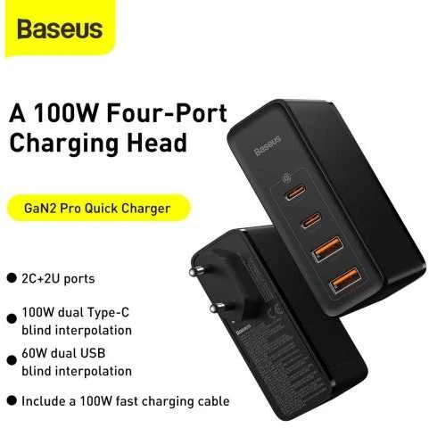 Greitas kelioninis Baseus GaN2 Pro įkroviklis 2x USB + 2x USB-C, 100W, EU (juodas)