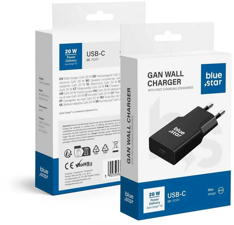 BlueStar Phone charger Blue Star Slim GaN USB C QC4.0 PD 3A 20W TFK-SC-20WPD juodas