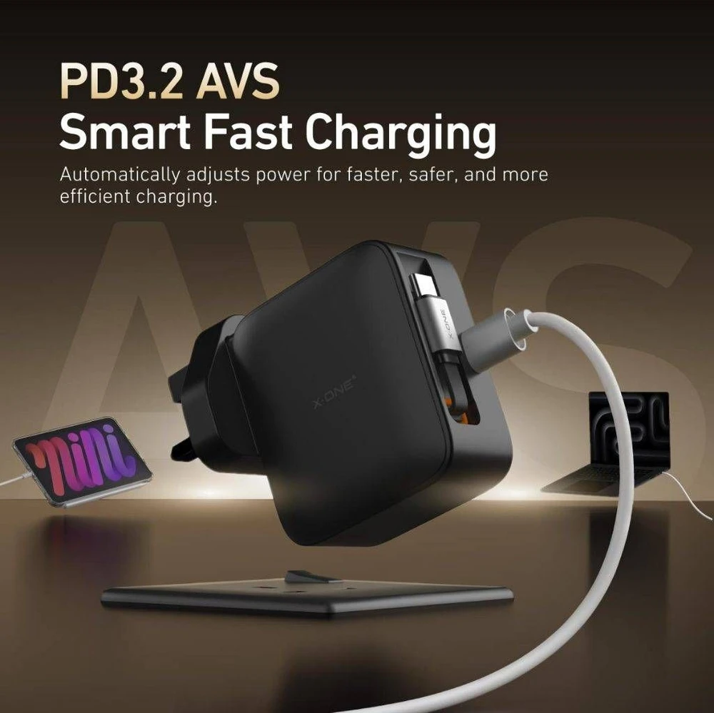 Kelioninis įkroviklis X-ONE ChargeGo GaN 65W su ištraukiamu laidu ir USB C prievadu - juodas