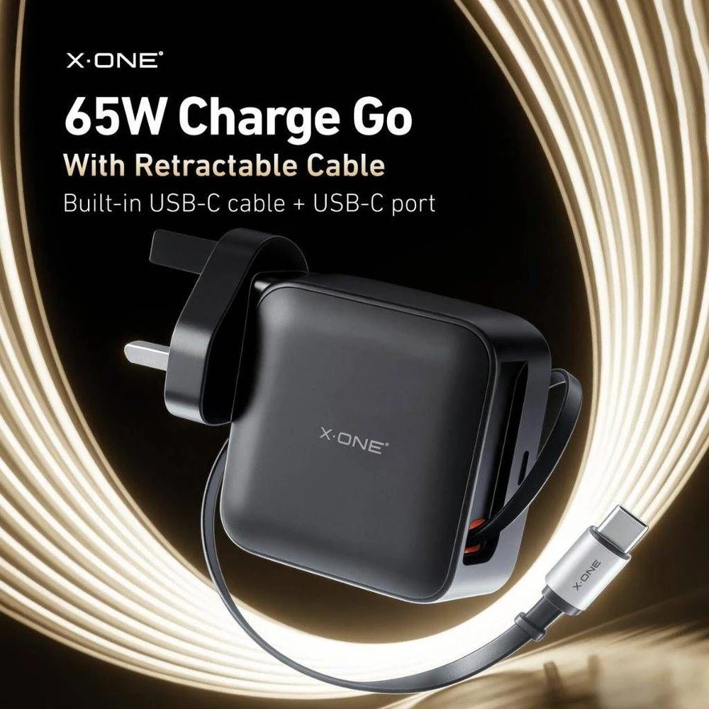 Kelioninis įkroviklis X-ONE ChargeGo GaN 65W su ištraukiamu laidu ir USB C prievadu - juodas