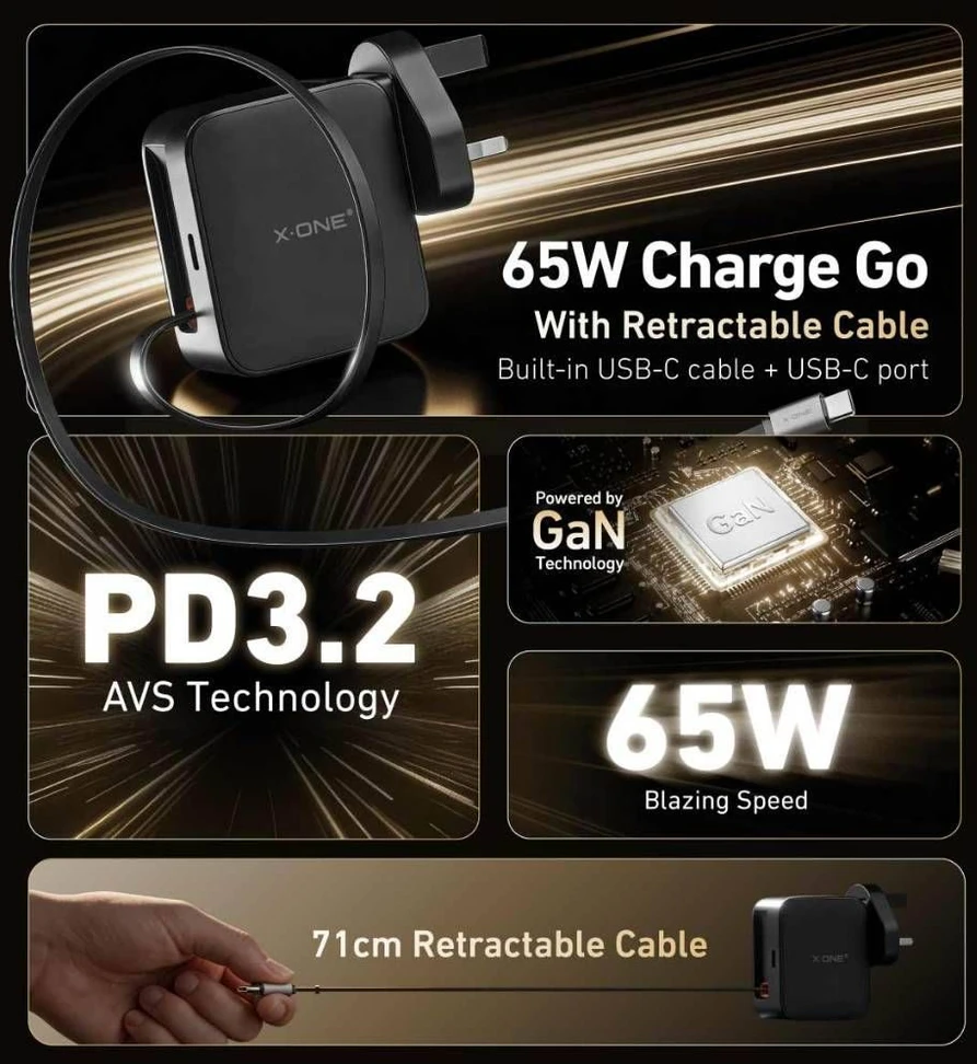 Kelioninis įkroviklis X-ONE ChargeGo GaN 65W su ištraukiamu laidu ir USB C prievadu - juodas