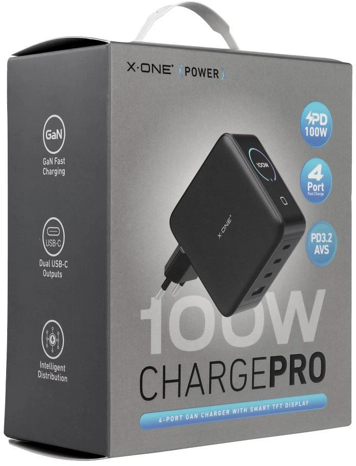 Kelioninis įkroviklis X-ONE ChargeGo GaN su LCD ekranu 100W 2x USB C - juodas