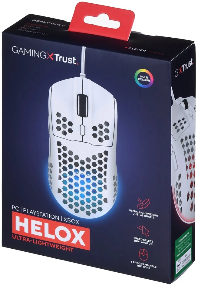 Pelė Myszka žaidimams Trust GXT 928 su laidu 6400 dpi optinė balta