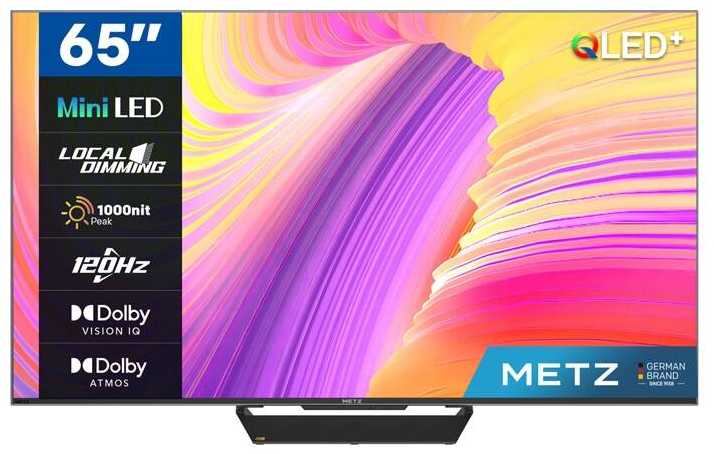 Televizorius Metz 65", UHD, Google TV, Juodas, miniLED 120Hz, DV IQ, 550/1000nits, DA, AV1, 2x15W, Energy F, BT5.1 WiFi5G, 3 HDMI 2.1, 2xUSB, 24 months