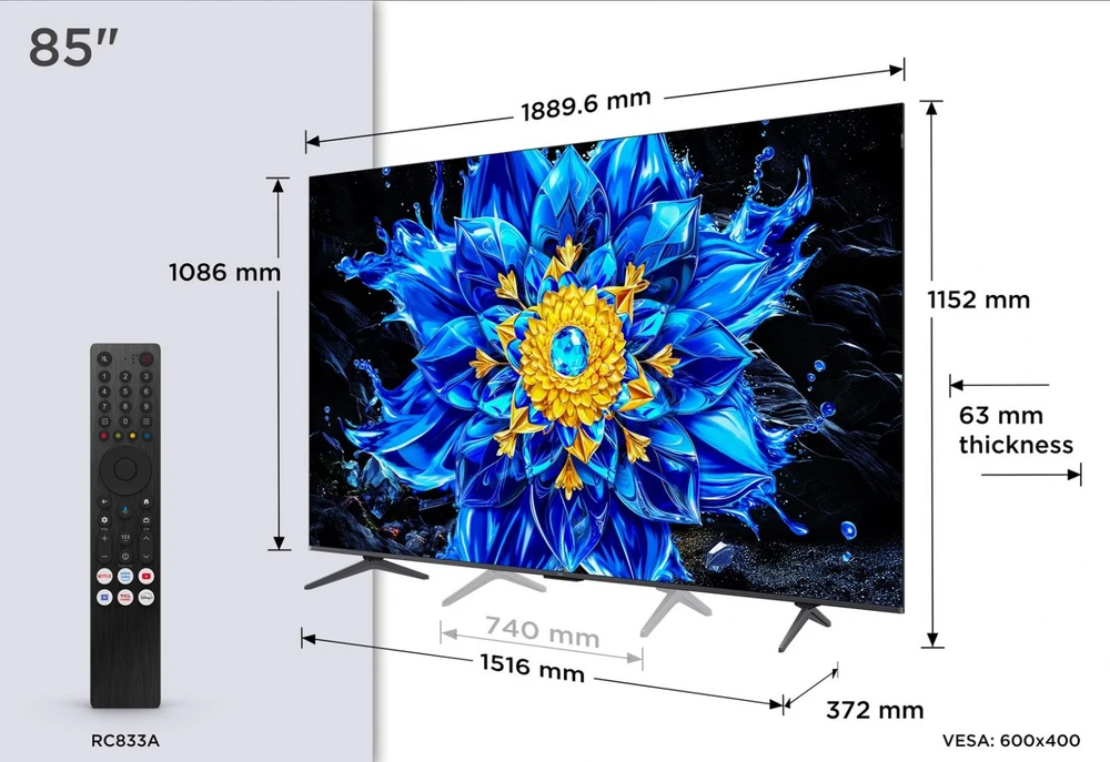 Televizorius TCL P8L 85P8L TV 2.16 m (85") 4K Ultra HD Smart TV Wi-Fi Juodas 450 cd/m²