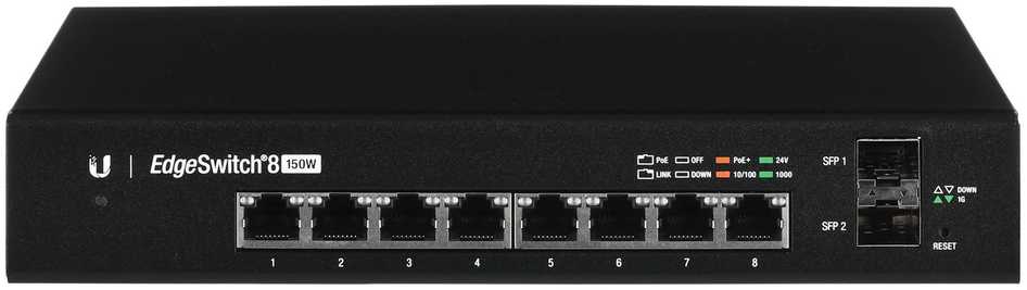 Šakotuvas UBIQUITI ES-8-150W Ubiquiti ES-8-150W 8 prievadų + 2xSFP Gigabit PoE jungiklis 24V/48V 802.3af/802.3at