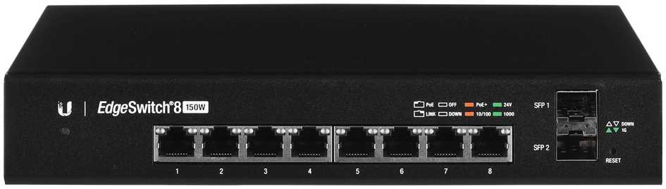 Šakotuvas UBIQUITI ES-8-150W Ubiquiti ES-8-150W 8 prievadų + 2xSFP Gigabit PoE jungiklis 24V/48V 802.3af/802.3at
