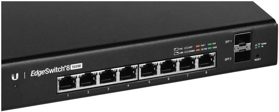 Šakotuvas UBIQUITI ES-8-150W Ubiquiti ES-8-150W 8 prievadų + 2xSFP Gigabit PoE jungiklis 24V/48V 802.3af/802.3at