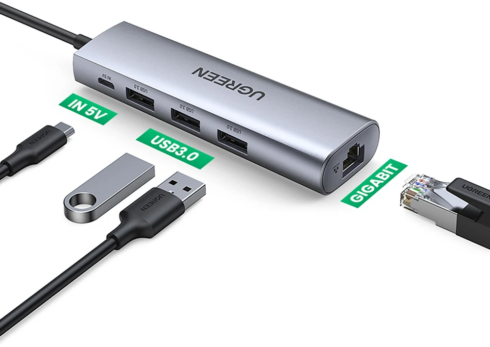 UGREEN CM266 adapteris yra 5in1 USB 3x USB 3.0 micro USB RJ45