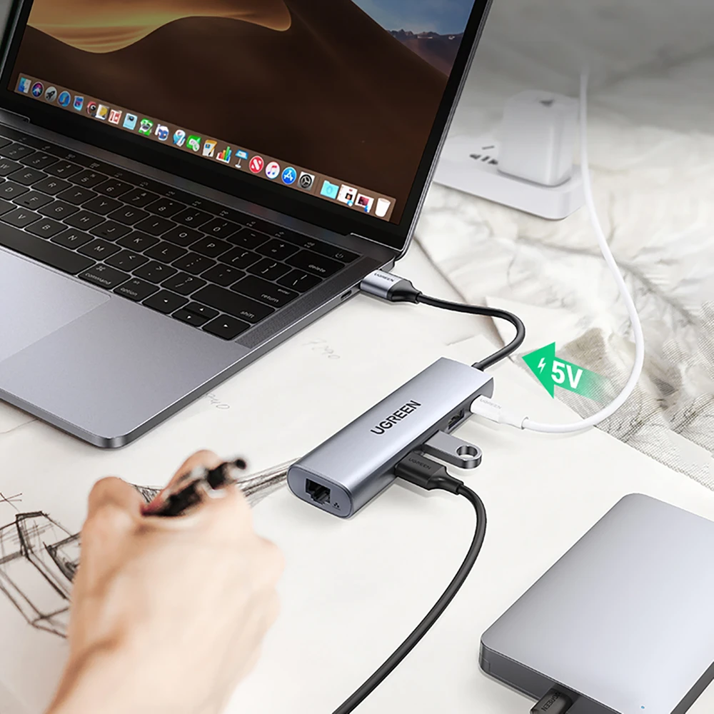 UGREEN CM266 adapteris yra 5in1 USB 3x USB 3.0 micro USB RJ45