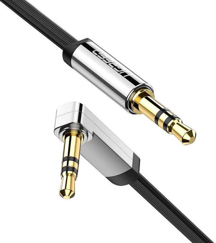 UGREEN mini lizdas 3.5 mm AUX plokščias alkūninis kabelis 1 m (juodas)