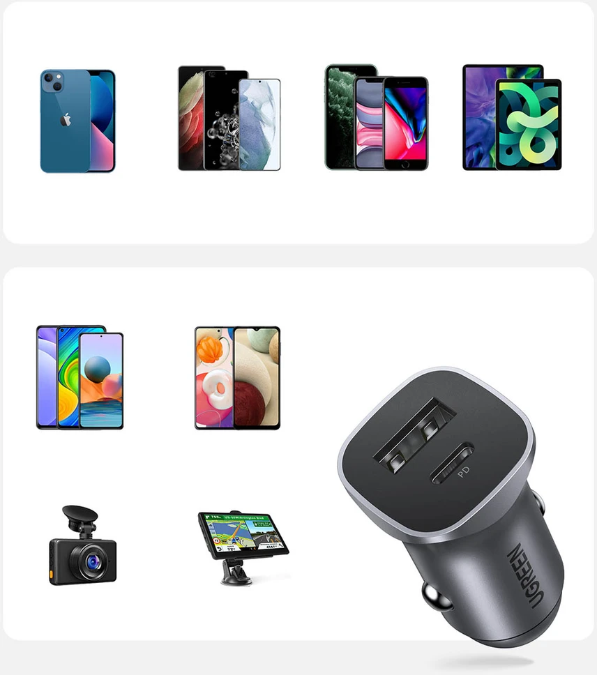 Automobilinis įkroviklis Ugreen CD130 USB-C/USB-A 30W pilkas