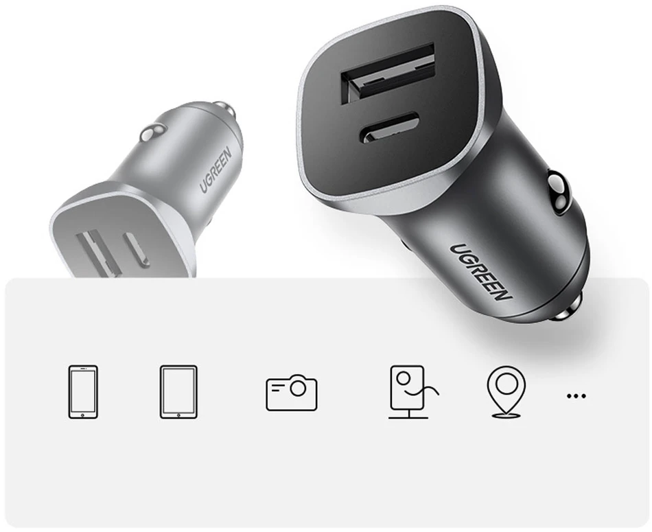 Automobilinis įkroviklis Ugreen CD130 USB-C/USB-A 30W pilkas