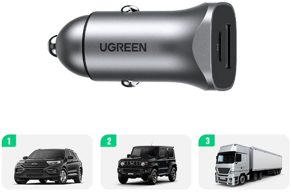 Automobilinis įkroviklis Ugreen CD130 USB-C/USB-A 30W pilkas