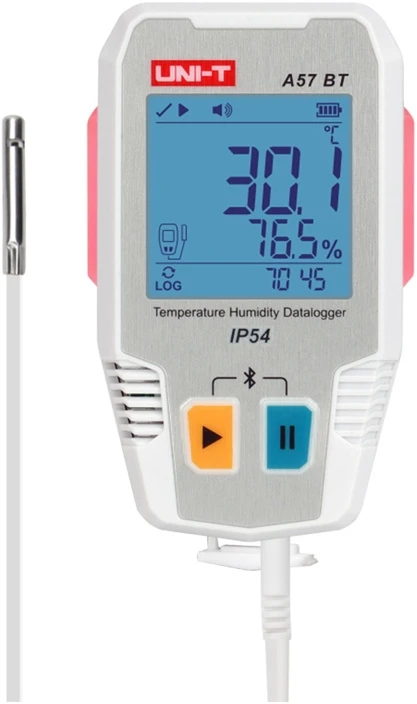 Temperatūros ir drėgmės duomenų kaupiklis, -40 ~ 85C, 0%~100% RH, 64000 taškų, IP54, Bluetooth, UNI-T