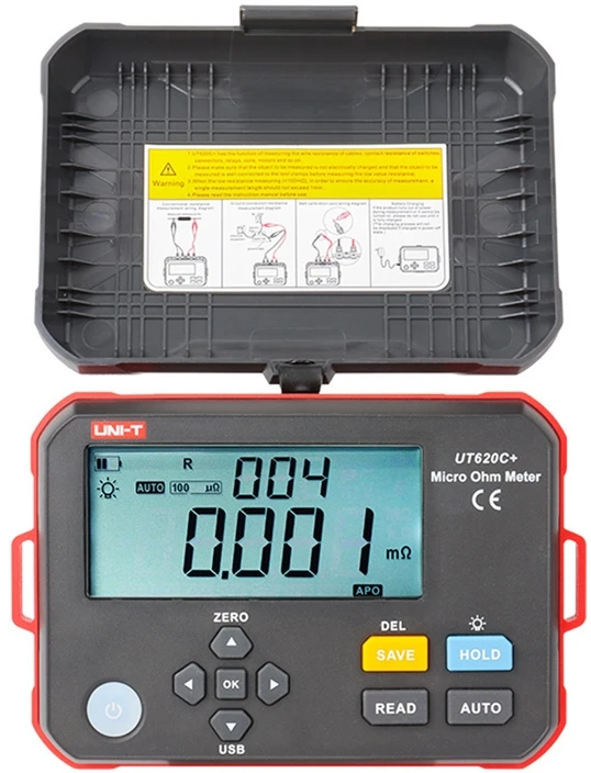 Aukšto tikslumo skaitmeninis mikroommetras, 0.001mΩ~300.0kΩ; 1mΩ, Type C, IP54, DC 3.7V 3200mAh Li, 500 matavimų atmintis, UNI-T