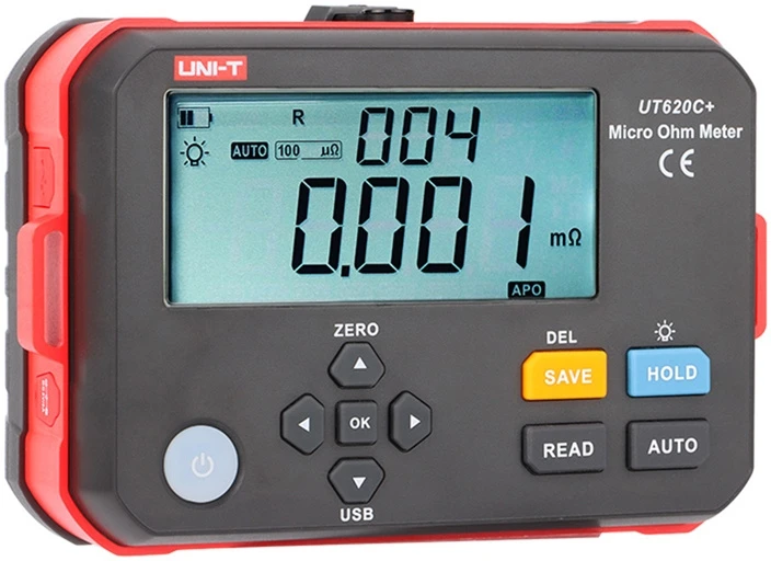 Aukšto tikslumo skaitmeninis mikroommetras, 0.001mΩ~300.0kΩ; 1mΩ, Type C, IP54, DC 3.7V 3200mAh Li, 500 matavimų atmintis, UNI-T