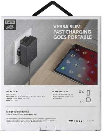 UNIQ Versa Slim įkroviklis USB-C PD 18W + USB-C-USB-C laidas, anglies juodos spalvos (LITHOS Collect)