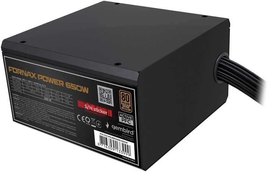 „Gembird CCC-PSUBRONZE-650W“ maitinimo blokas „Fornax Power 650W“ aktyvus PFC 12 cm ventiliatorius 80+bronzos spalvos dėžutėje