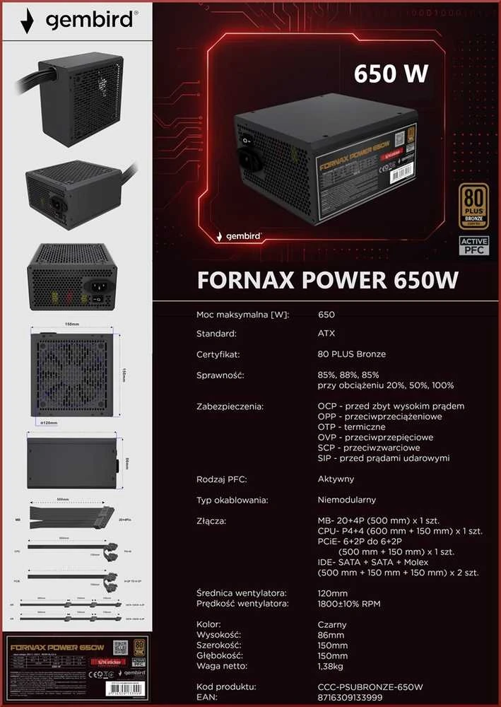 „Gembird CCC-PSUBRONZE-650W“ maitinimo blokas „Fornax Power 650W“ aktyvus PFC 12 cm ventiliatorius 80+bronzos spalvos dėžutėje