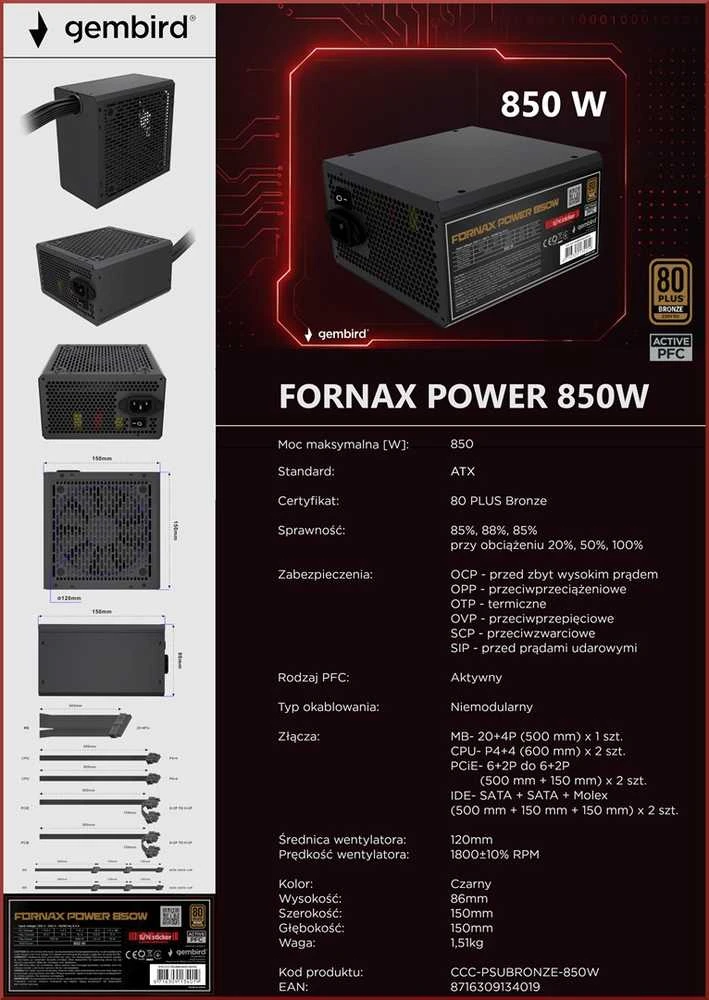 GEMBIRD Maitinimo šaltinis ATX o mocy 850W aktywne