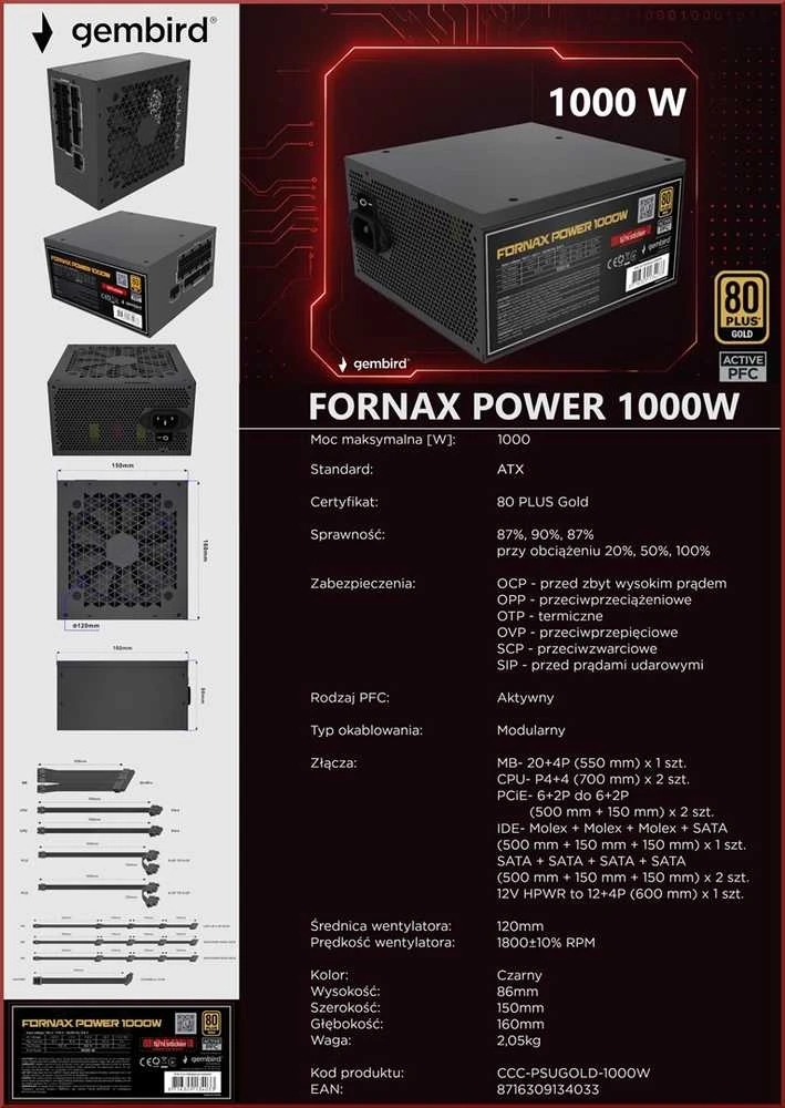 „Gembird CCC-PSUGOLD-1000W“ maitinimo blokas „Fornax Power 1000W“ aktyvus PFC 12 cm ventiliatorius 80+ aukso