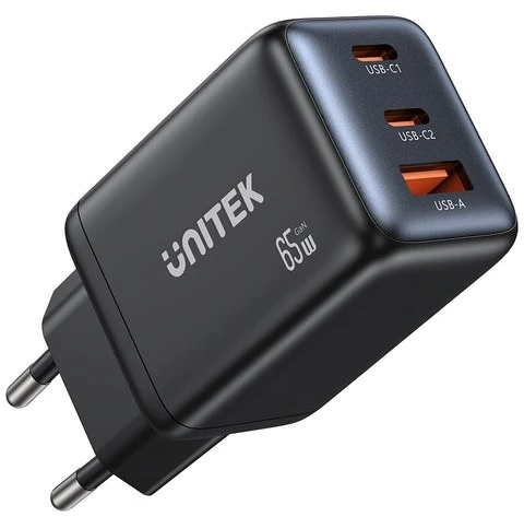 Unitek Įkroviklis jungiama į tinklą 3-portowa GaN 65W, 2xUSB-C, USB-A, PD 3.0, juoda