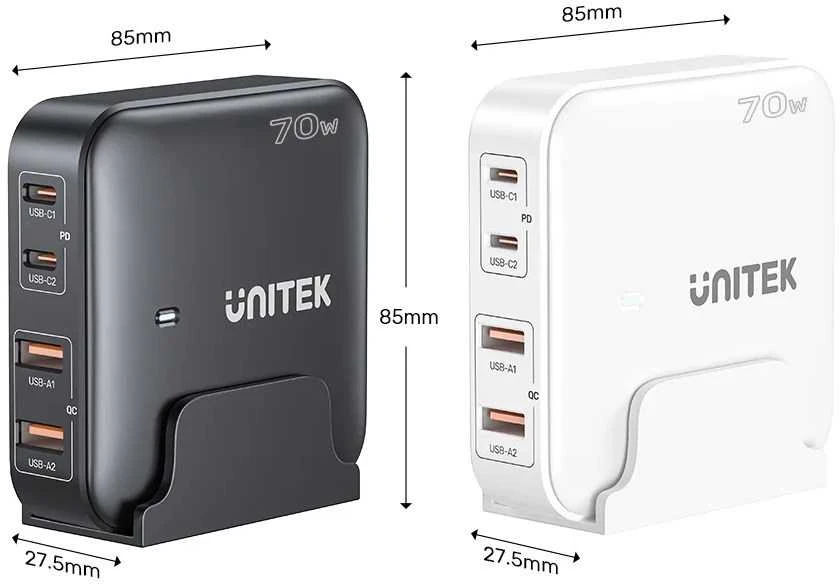 GaN tinklo įkroviklis - Unitek P1228AWH01-EU | 70 W 2x USB-C 2x USB-A