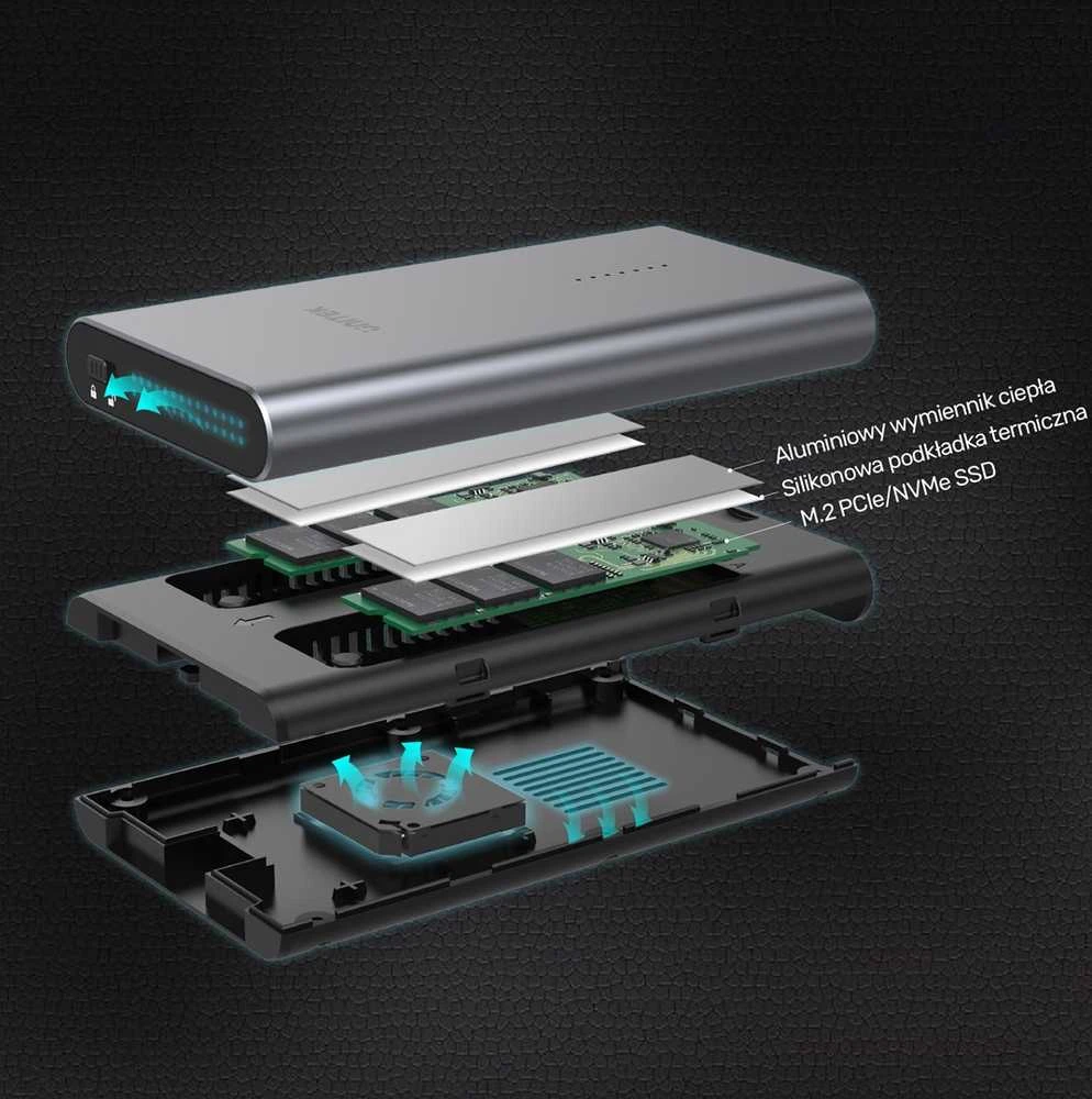 UNITEK SolidForce USB-C į PCIe / NVMe M.2 SSD 10 Gbps dviejų skyrių korpusas su neprisijungus veikiančiu klonu S1206A