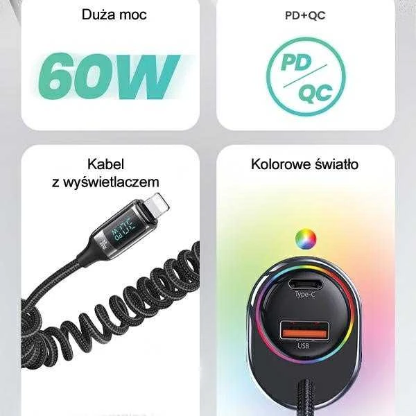 USAMS automobilinis įkroviklis C37 1xUSB+1xUSB-C 60W + kabelis Ligtning 30W PD+QC Fast Charge juodos spalvos CC193CC01 (US-CC193)