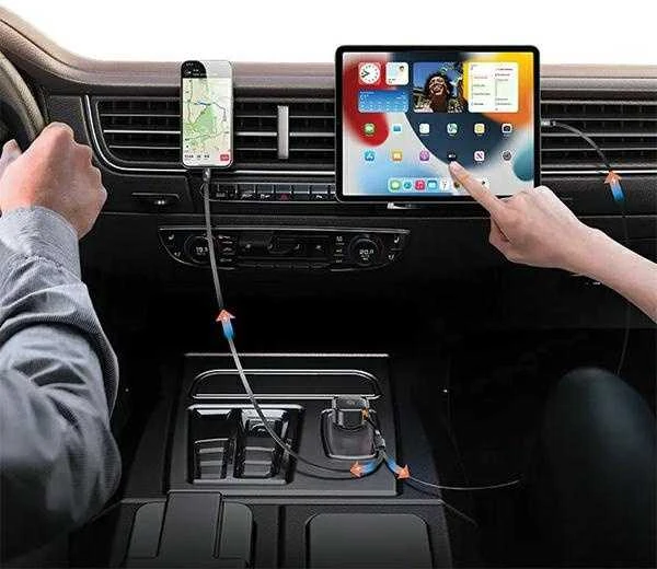 USAMS automobilinis įkroviklis with retractable cable 1xUSB-C+1x Lightning C41 PD 30W Fast Charge juodas/juodas CC2