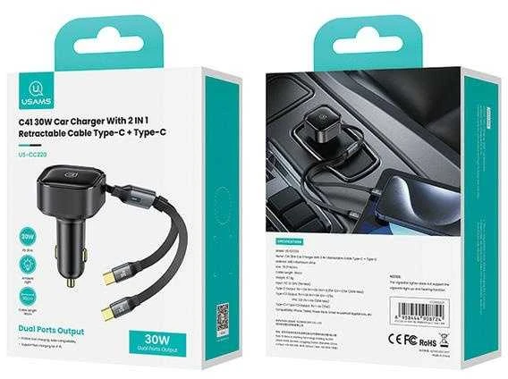 USAMS automobilinis įkroviklis with retractable cable 2xUSB-C C41 PD 30W Fast Charge juodas/juodas CC220CC01 (US-CC