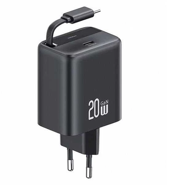 Usams SAMS įkroviklis 1xUSB-C su ištraukiamu USB-C PD+QC 20W Gan greito įkrovimo juodos spalvos