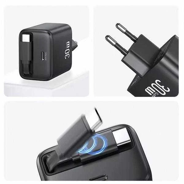 USAMS įkroviklis 1xUSB-C su ištraukiamu USB-C PD+QC 30W Gan greitas įkrovimas baltos spalvos