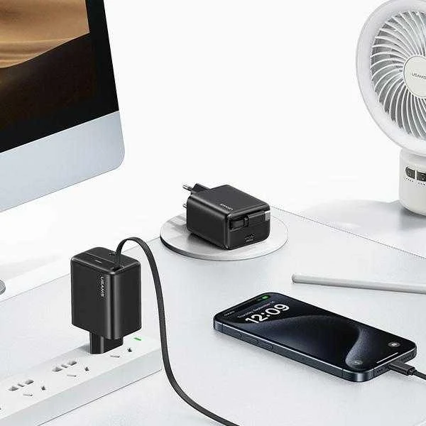 USAMS įkroviklis 1xUSB-C su ištraukiamu USB-C PD+QC 20W Gan greito įkrovimo baltos spalvos