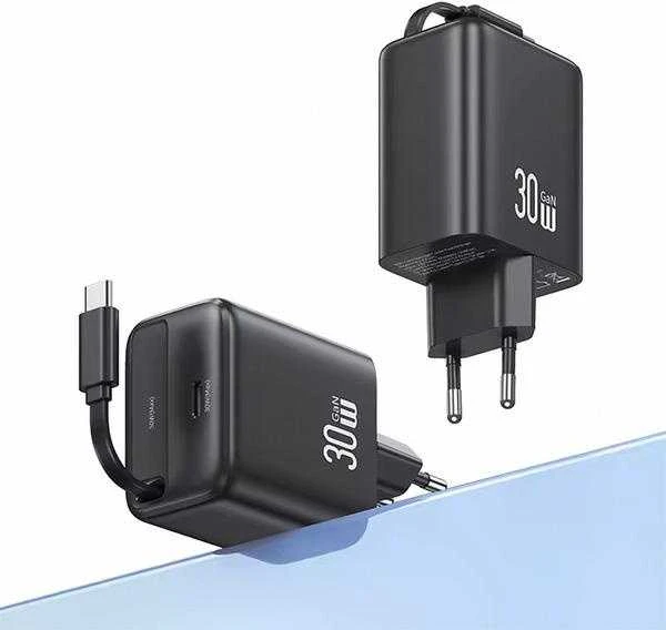 USAMS įkroviklis 1xUSB-C su ištraukiamu USB-C PD+QC 30W Gan greitas įkrovimas baltos spalvos