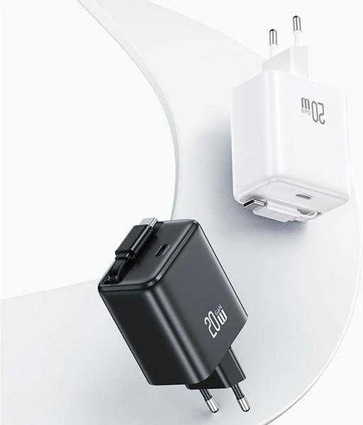 Usams SAMS įkroviklis 1xUSB-C su ištraukiamu USB-C PD+QC 20W Gan greito įkrovimo juodos spalvos