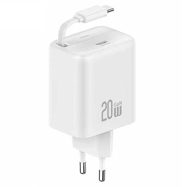 USAMS įkroviklis 1xUSB-C su ištraukiamu USB-C PD+QC 20W Gan greito įkrovimo baltos spalvos