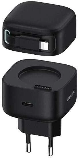 USAMS įkroviklis 1xUSB-C su ištraukiamu laidu „Lightning“ (tik antgalis) PD+QC 35W Gan greitas įkrovimas juodos spalvos