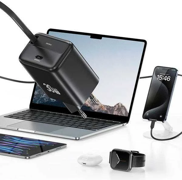 USAMS įkroviklis 1xUSB-C su ištraukiamu USB-C PD+QC 30W Gan greitas įkrovimas baltos spalvos