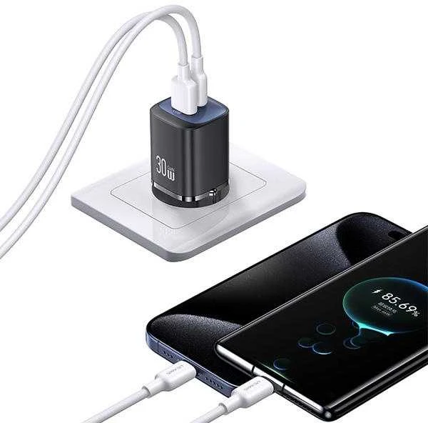 USAMS Laidinis įkroviklis CC254 30W GaNUSB-C/USB-A Fast Charging HC Series juodos spalvos CC254TC01