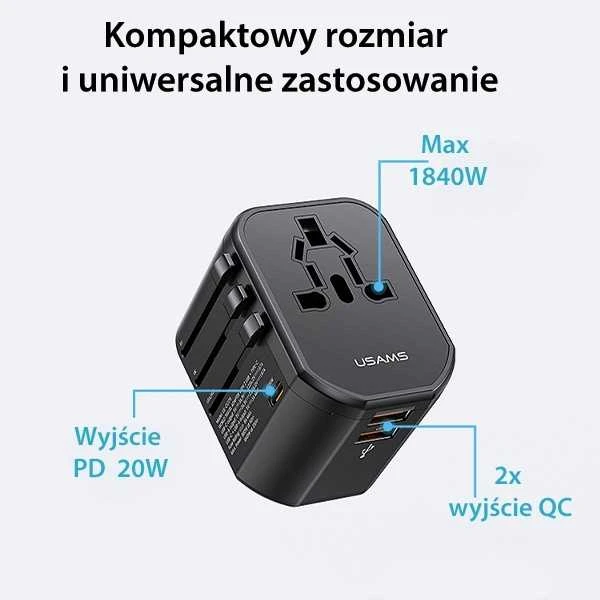 USAMS Adapteris network 2xUSB+1xUSB-C T59 20W4in1 US/AU/EU/UK juodas/juodas CC179TC01 (US-CC179) Univers