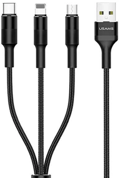 USAMS Braided U5 3-in-1 Kabelis 1.5m 2A juodos spalvos (Lightning/microUSB/USB-C) SJ2193IN101 (US-SJ219)