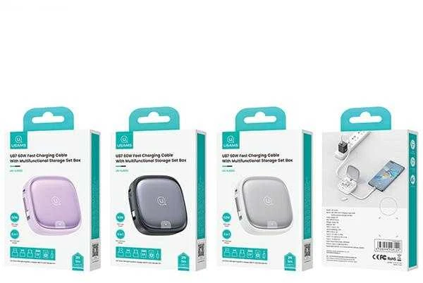 USAMS Kabelis rozwijany 3in1 su pudełkiem MicroUSB/USB-C/Lightning 60W violetinės spalvos SJ650USB03 (US-SJ650)
