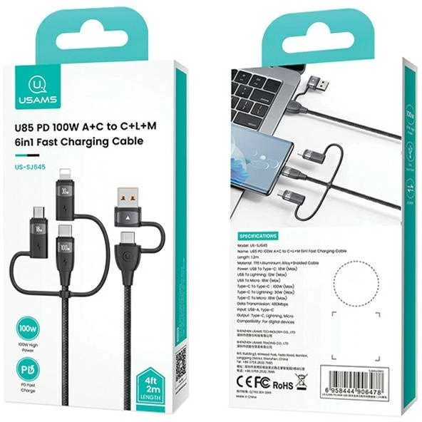 USAMS Kabelis U85 2xUSB-C/USB/Micro-USB/Lightning 6in1 2m 100W PD Fast Charge violetinė SJ646USB