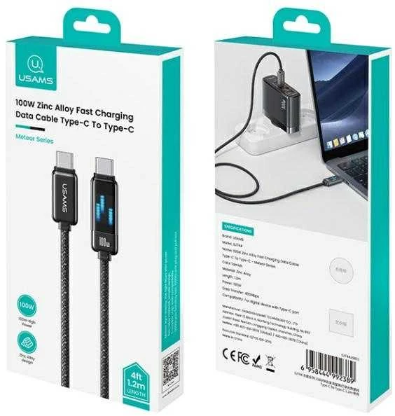 USAMS USB-C į USB-C kabelis 100W 1.2m cinko lydinio greito įkrovimo duomenų kabelis Meteor serijos SJ744USB0