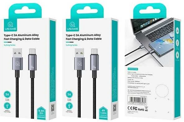 USAMS Kabelis USB į USB-C 3A 1.2m greito įkrovimo plienas/tamsus SJ663USB01 (US-SJ663)
