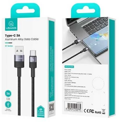 USAMS SET Kabelis USB į USB-C 3A 1.2m Greito įkrovimo plienas/tamsus 30 vnt SJ718ZJ01 (US-SJ718)