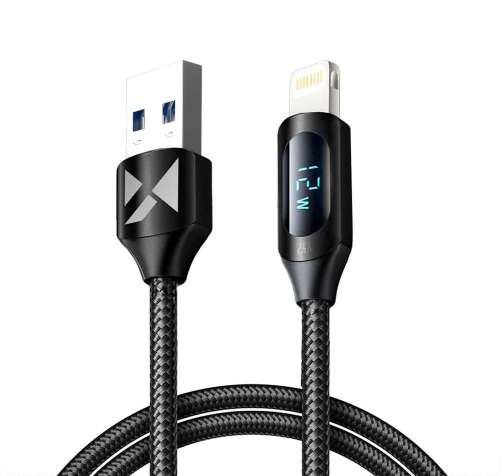 USB-A kabelis – Lightning Wozinsky WUALC1 su LED ekranu 2.4A 1m – juodos spalvos